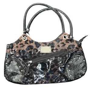 Leopard Print Croc Embossed Patent Faux Leather Shoulder Handbag Studded Women's